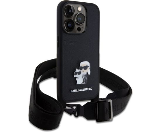 Karl Lagerfeld Saffiano Karl and Choupette Aizsargapvalks priekš iPhone 15 Pro ar metāla plecu siksniņu / melns Neoriģinālie Maciņi