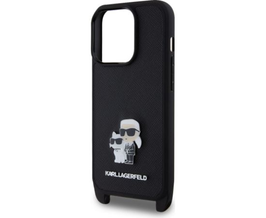 Karl Lagerfeld Saffiano Karl and Choupette Aizsargapvalks priekš iPhone 15 Pro ar metāla plecu siksniņu / melns Neoriģinālie Maciņi
