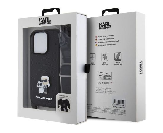 Karl Lagerfeld Saffiano Karl and Choupette Aizsargapvalks priekš iPhone 15 Pro ar metāla plecu siksniņu / melns Neoriģinālie Maciņi