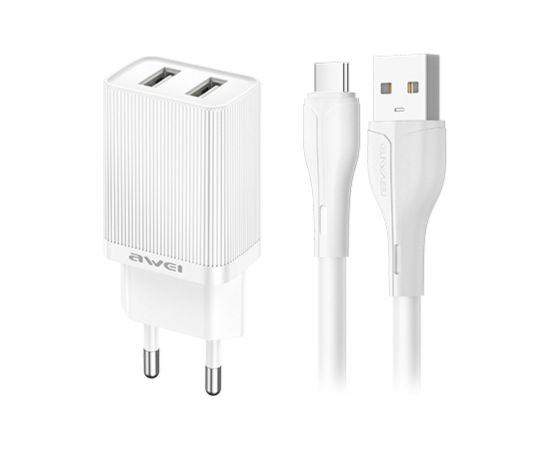Charger Awei C15T-EU 10W 2xUSB-A + USB-A to USB-C cable 1.0m white Telefonu lādētāji 220v