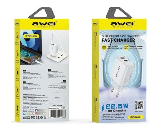 Сетевая зарядка Awei PD81-EU 22.5W USB-A/USB-C черная Зарядные устройства