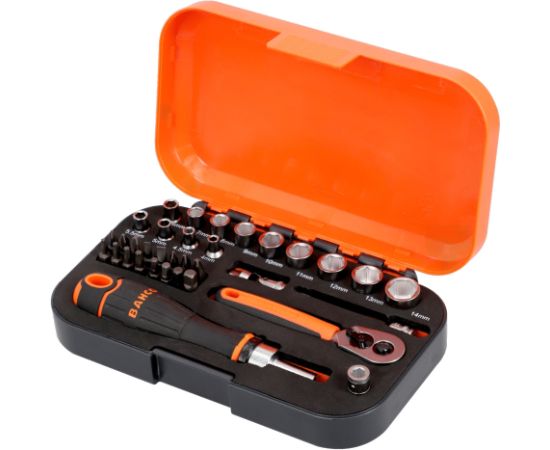 Bahco 1/4" Square Drive Socket and Bit Set with Metric Hex Profile and Ratcheting Bit Holder - 34 Pcs Atslēgu komplekti