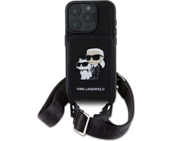 Karl Lagerfeld Saffiano Crossbody Strap Karl and Choupette Case Aizsargapvalks priekš iPhone 16 Pro / melns Neoriģinālie Maciņi