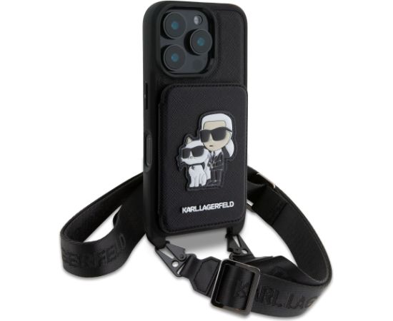 Karl Lagerfeld Saffiano Crossbody Strap Karl and Choupette Case Aizsargapvalks priekš iPhone 16 Pro / melns Neoriģinālie Maciņi