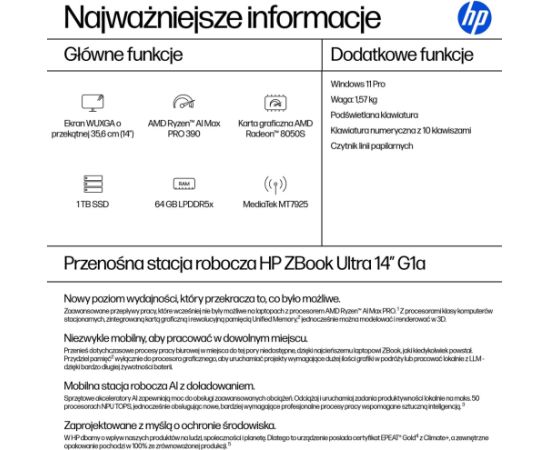 HP ZBook Ultra 14 G1a Ryzen AI Max PRO 390 14.0"WUXGA IPS 400nits AG 64GB LPDDR5x-8533 SSD1TB Radeon 8050S Cam IR 5 MPx 74,5Wh W11Pro 3Y OnSite Portatīvie datori