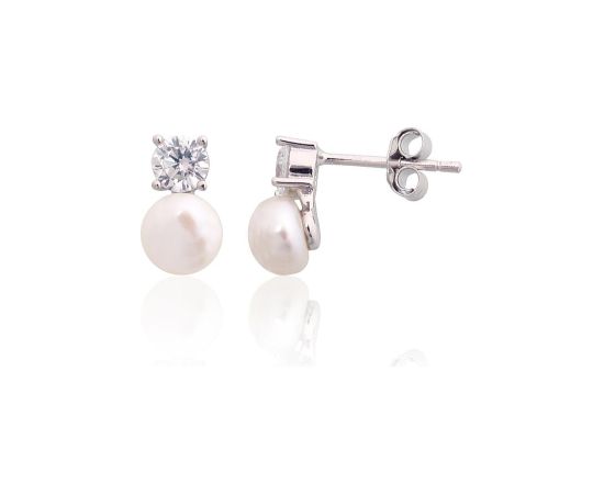 Sudraba auskari-puseti #2204285(PRh-Gr)_CZ+PE, Sudrabs 925°, rodijs (pārklājums), Cirkoni, Pērles, 1.6 gr. Puseti