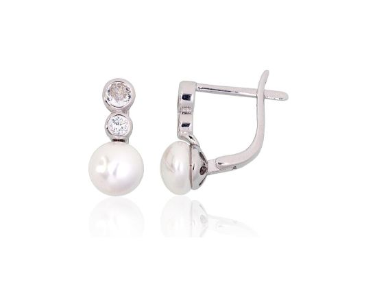 Sudraba auskari ar 'angļu' slēdzēju #2204151(PRh-Gr)_CZ+PE, Sudrabs 925°, rodijs (pārklājums), Cirkoni, Pērles, 3.1 gr. Ar "angļu" slēdzēju