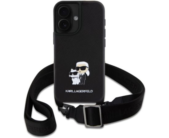 Karl Lagerfeld Saffiano Crossbody Strap Metal Karl and Choupette Aizsargapvalks priekš iPhone 16 Plus / melns Neoriģinālie Maciņi