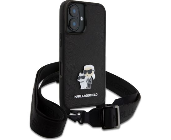 Karl Lagerfeld Saffiano Crossbody Strap Metal Karl and Choupette Aizsargapvalks priekš iPhone 16 Plus / melns Neoriģinālie Maciņi