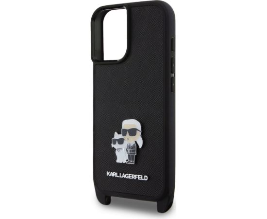 Karl Lagerfeld Saffiano Crossbody Strap Metal Karl and Choupette Aizsargapvalks priekš iPhone 16 Plus / melns Neoriģinālie Maciņi