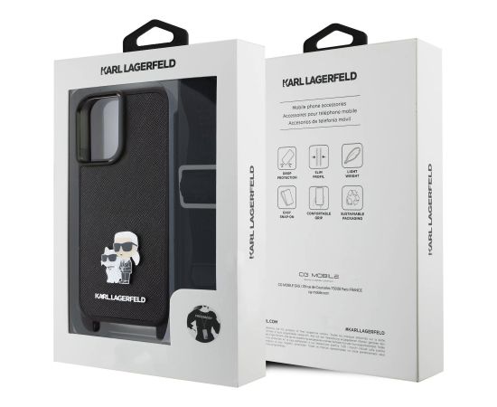 Karl Lagerfeld Saffiano Crossbody Strap Metal Karl and Choupette Aizsargapvalks priekš iPhone 16 Plus / melns Neoriģinālie Maciņi