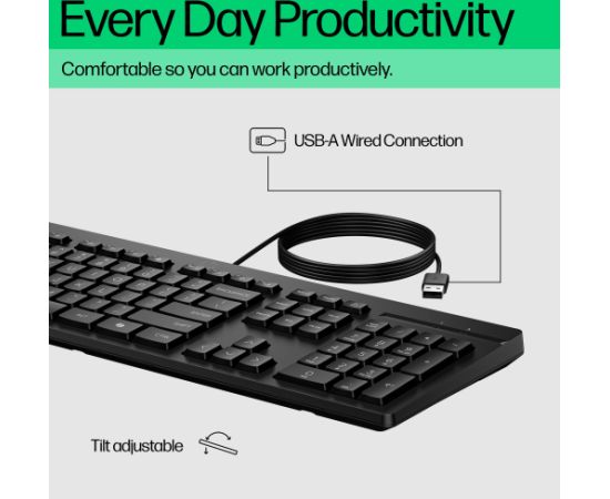 HP 125 G2 USB Wired Keyboard, Sanitizable, Copilot Key - Black - US ENG (BULK of 12 pcs) / AY2Y7A6#ABB Klaviatūras
