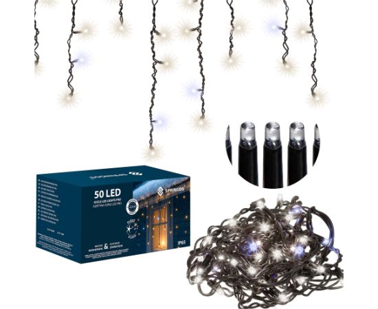 LED svētku gaismas aizkars ar 50 LED auksti baltā gaismā + flash Springos CL1240 Ziemassvētku lampiņas, LED virtenes