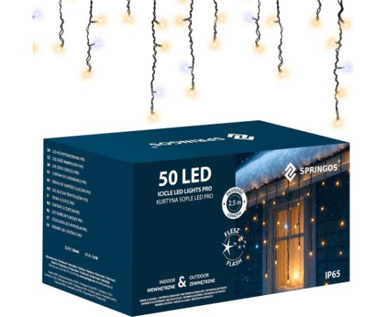 LED gaismas aizkars ar 50 LED (sosulītes) Springos CL1239 Ziemassvētku lampiņas, LED virtenes