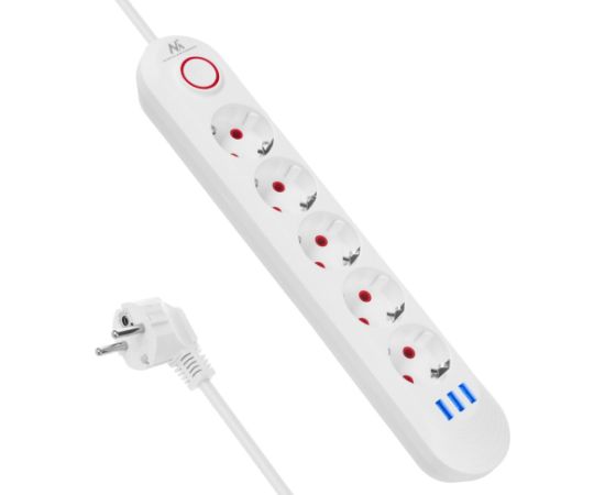 Maclean power strip, 5 socket extension + 3xUSB, 110-240V AC 50/60Hz, 2.1A max 2500W, 1.5m, white, MCE395 W Strāvas pagarinātāji