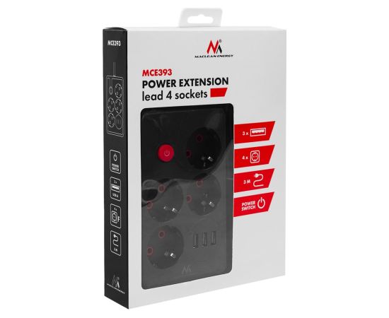 Maclean power strip, 4-socket extension cable + 3xUSB, 110-240V AC 50/60Hz, 2.1A max 2500W, 3m, black, MCE393 B Strāvas pagarinātāji