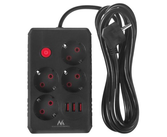 Maclean power strip, 4-socket extension cable + 3xUSB, 110-240V AC 50/60Hz, 2.1A max 2500W, 3m, black, MCE393 B Strāvas pagarinātāji