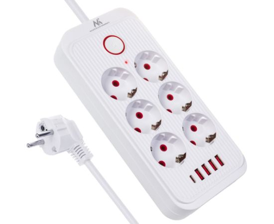 Maclean power strip, 6 socket extension + 4xUSB, 110-240V AC 50/60Hz, 2.1A max 2500W, 1.5 m, white, MCE389 W Strāvas pagarinātāji