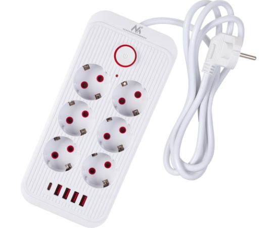 Maclean power strip, 6 socket extension + 4xUSB, 110-240V AC 50/60Hz, 2.1A max 2500W, 1.5 m, white, MCE389 W Strāvas pagarinātāji