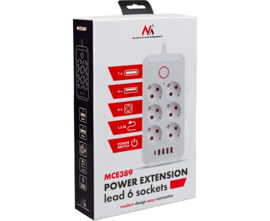 Maclean power strip, 6 socket extension + 4xUSB, 110-240V AC 50/60Hz, 2.1A max 2500W, 1.5 m, white, MCE389 W Strāvas pagarinātāji