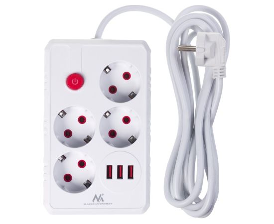 Maclean power strip, 4-socket extension cable + 3xUSB, 110-240V AC 50/60Hz, 2.1A max 2500W, 3m, white, MCE393 W Strāvas pagarinātāji