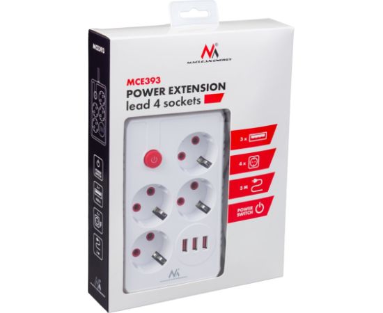Maclean power strip, 4-socket extension cable + 3xUSB, 110-240V AC 50/60Hz, 2.1A max 2500W, 3m, white, MCE393 W Strāvas pagarinātāji
