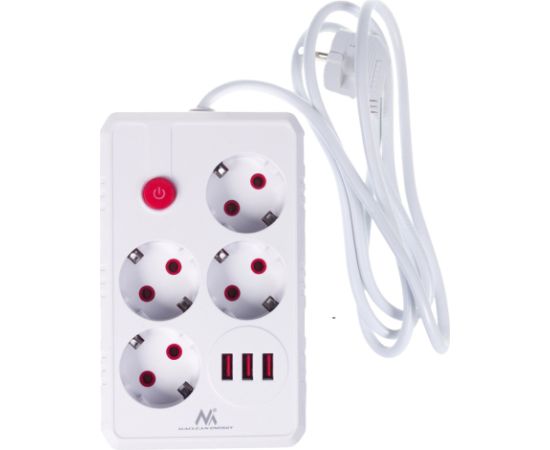 Maclean power strip, 4-socket extension cable + 3xUSB, 110-240V AC 50/60Hz, 2.1A max 2500W, 1.5m, white, MCE392 W Strāvas pagarinātāji