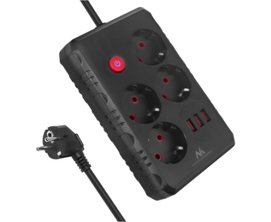 Maclean power strip, 4-socket extension cable + 3xUSB, 110-240V AC 50/60Hz, 2.1A max 2500W, 1.5m, black, MCE392 B Strāvas pagarinātāji