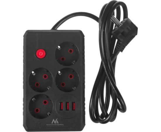 Maclean power strip, 4-socket extension cable + 3xUSB, 110-240V AC 50/60Hz, 2.1A max 2500W, 1.5m, black, MCE392 B Strāvas pagarinātāji