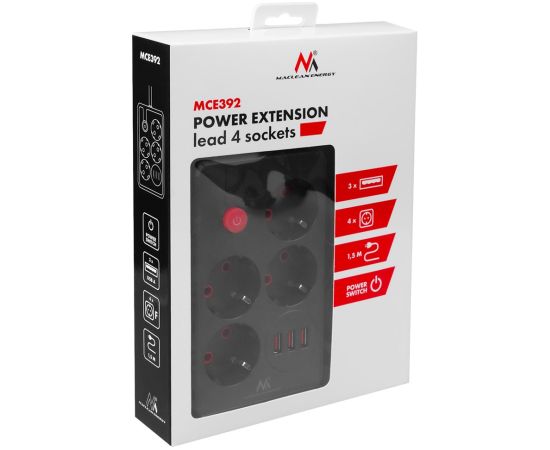 Maclean power strip, 4-socket extension cable + 3xUSB, 110-240V AC 50/60Hz, 2.1A max 2500W, 1.5m, black, MCE392 B Strāvas pagarinātāji