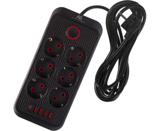 Maclean power strip, 6 socket extension + 4xUSB, 110-240V AC 50/60Hz, 2.1A max 2500W, 3m, black, MCE391 B Strāvas pagarinātāji