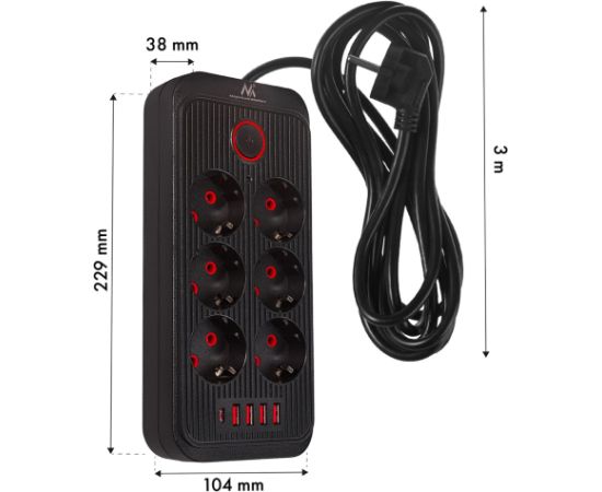 Maclean power strip, 6 socket extension + 4xUSB, 110-240V AC 50/60Hz, 2.1A max 2500W, 3m, black, MCE391 B Strāvas pagarinātāji