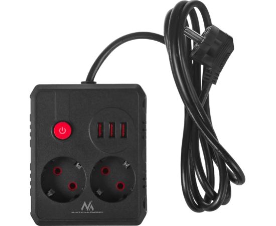 Maclean power strip, extender 2 sockets + 3xUSB, 110-240V AC 50/60Hz, 2.1A max 2500W, 1.5m, black, MCE387 B Strāvas pagarinātāji
