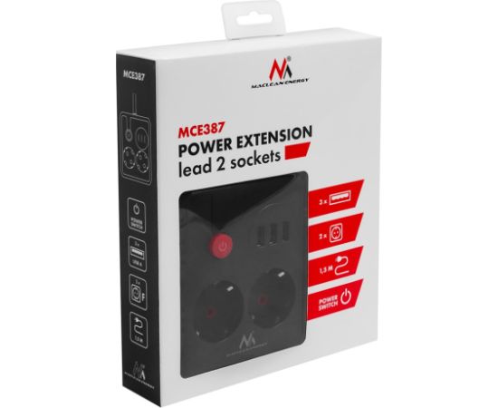 Maclean power strip, extender 2 sockets + 3xUSB, 110-240V AC 50/60Hz, 2.1A max 2500W, 1.5m, black, MCE387 B Strāvas pagarinātāji