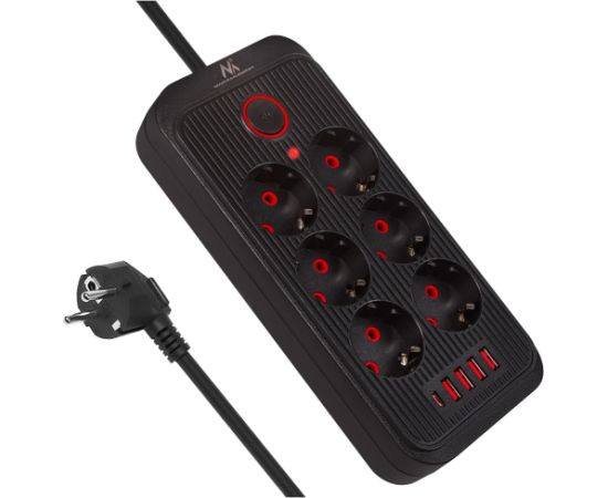 Maclean power strip, 6 socket extension + 4xUSB, 110-240V AC 50/60Hz, 2.1A max 2500W, 1.5 m, black, MCE389 B Strāvas pagarinātāji