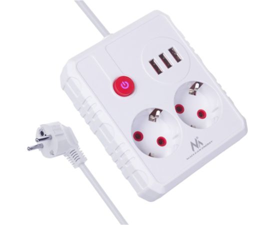 Maclean power strip, extension cord 2 sockets + 3xUSB, 110-240V AC 50/60Hz, 2.1A max 2500W, 1.5m, white, MCE387 W Strāvas pagarinātāji