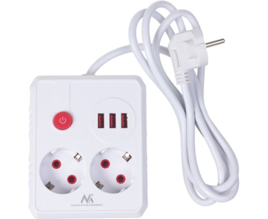 Maclean power strip, extension cord 2 sockets + 3xUSB, 110-240V AC 50/60Hz, 2.1A max 2500W, 1.5m, white, MCE387 W Strāvas pagarinātāji