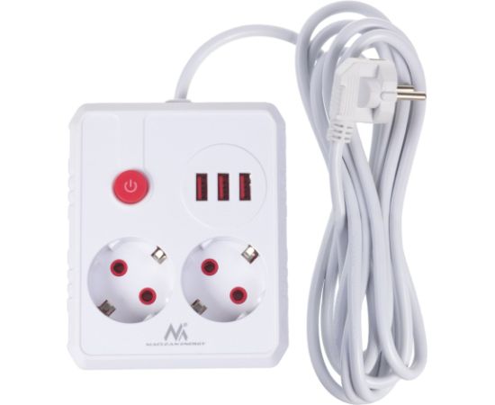 Maclean power strip, extender 2 sockets + 3xUSB, 110-240V AC 50/60Hz, 2.1A max 2500W, 3 m, white, MCE388 W Strāvas pagarinātāji