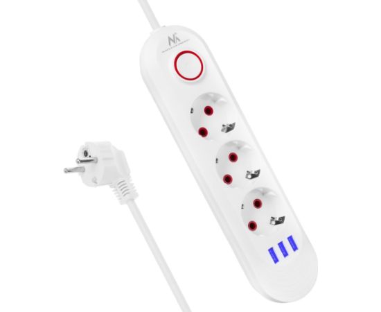 Maclean power strip, 3 socket extension + 3xUSB, 110-240V AC 50/60Hz, 2.1A max 2500W, 1.5m, white, MCE394 W Strāvas pagarinātāji