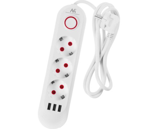 Maclean power strip, 3 socket extension + 3xUSB, 110-240V AC 50/60Hz, 2.1A max 2500W, 1.5m, white, MCE394 W Strāvas pagarinātāji