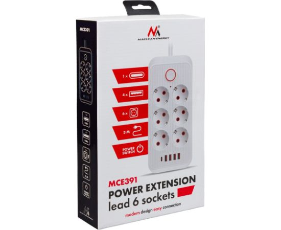 Maclean power strip, 6 socket extension + 4xUSB, 110-240V AC 50/60Hz, 2.1A max 2500W, 3m, white, MCE391 W Strāvas pagarinātāji