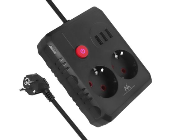 Maclean power strip, extender 2 sockets + 3xUSB, 110-240V AC 50/60Hz, 2.1A max 2500W, 3 m, black, MCE388 B Strāvas pagarinātāji