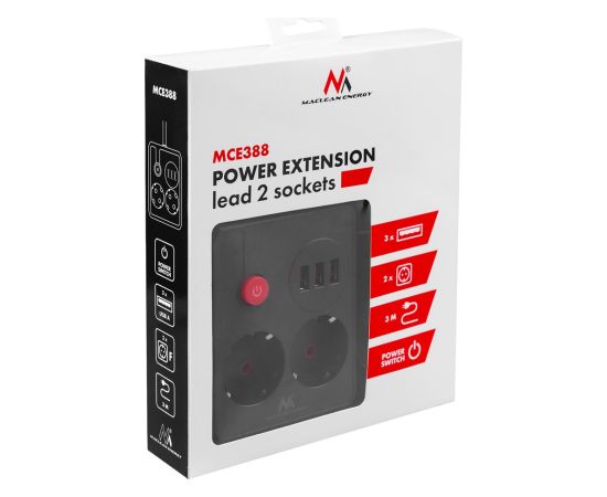 Maclean power strip, extender 2 sockets + 3xUSB, 110-240V AC 50/60Hz, 2.1A max 2500W, 3 m, black, MCE388 B Strāvas pagarinātāji