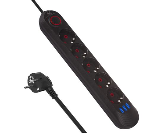 Maclean power strip, 5 socket extension cable + 3xUSB, 110-240V AC 50/60Hz, 2.1A max 2500W, 1.5m, black, MCE395 B Strāvas pagarinātāji