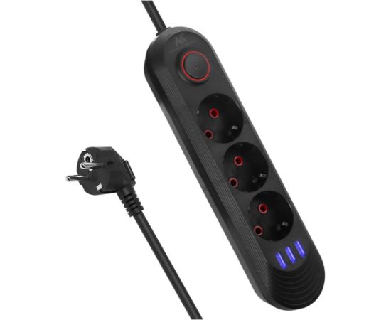 Maclean power strip, 3-socket extension cable + 3xUSB, 110-240V AC 50/60Hz, 2.1A max 2500W, 1.5m, black, MCE394 B Strāvas pagarinātāji