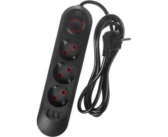 Maclean power strip, 3-socket extension cable + 3xUSB, 110-240V AC 50/60Hz, 2.1A max 2500W, 1.5m, black, MCE394 B Strāvas pagarinātāji