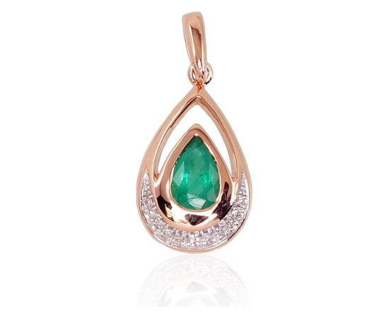 Zelta kulons #1300527(Au-R+PRh-W)_DI+EM, Sarkanais Zelts 585°, rodijs (pārklājums), Briljanti (0,031Ct), Smaragds (0,311Ct), 1.27 gr. Ar dārgakmeņiem