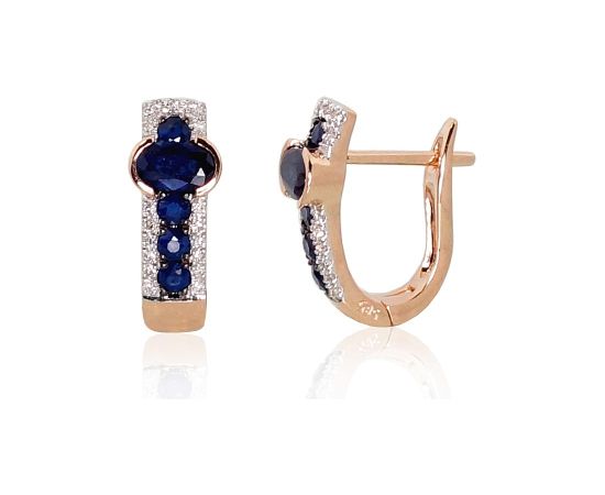 Zelta auskari ar 'angļu' slēdzēju #1200971(Au-R+PRh-W+PRh-Bk)_DI+SA, Sarkanais Zelts 585°, rodijs (pārklājums), Briljanti (0,095Ct), Safīrs (0,982Ct), 3.1 gr. Zelta auskari ar "angļu" slēdzēju