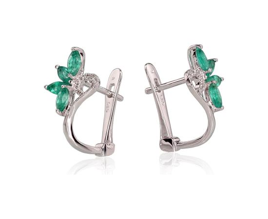 Zelta auskari ar 'angļu' slēdzēju #1200717(Au-W)_DI+EM, Baltais Zelts 585°, Briljanti (0,03Ct), Smaragds (0,572Ct), 1.97 gr. Zelta auskari ar "angļu" slēdzēju