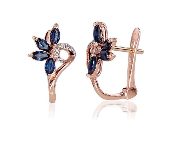 Zelta auskari ar 'angļu' slēdzēju #1200717(Au-R+PRh-W)_DI+SA, Sarkanais Zelts 585°, rodijs (pārklājums), Briljanti (0,028Ct), Safīrs (1,048Ct), 1.94 gr. Zelta auskari ar "angļu" slēdzēju